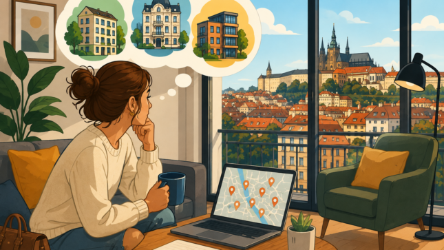 Mercato degli affitti a Praga nel 2026, con appartamenti e quartieri della capitale ceca rappresentati in stile cartoon