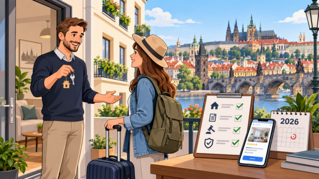 Ilustrace krátkodobých pronájmů v Praze v roce 2026 s majitelem nemovitosti, turistkou, bytem a prvky souvisejícími s novými pravidly Airbnb a eTurista.